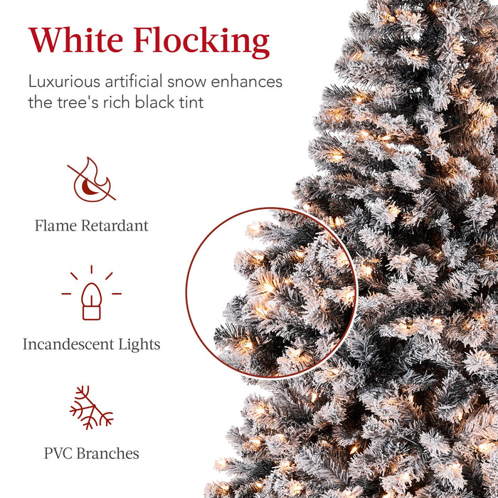 Pre-Lit Black Flocked Artificial Pine Christmas Tree w/ White Lights