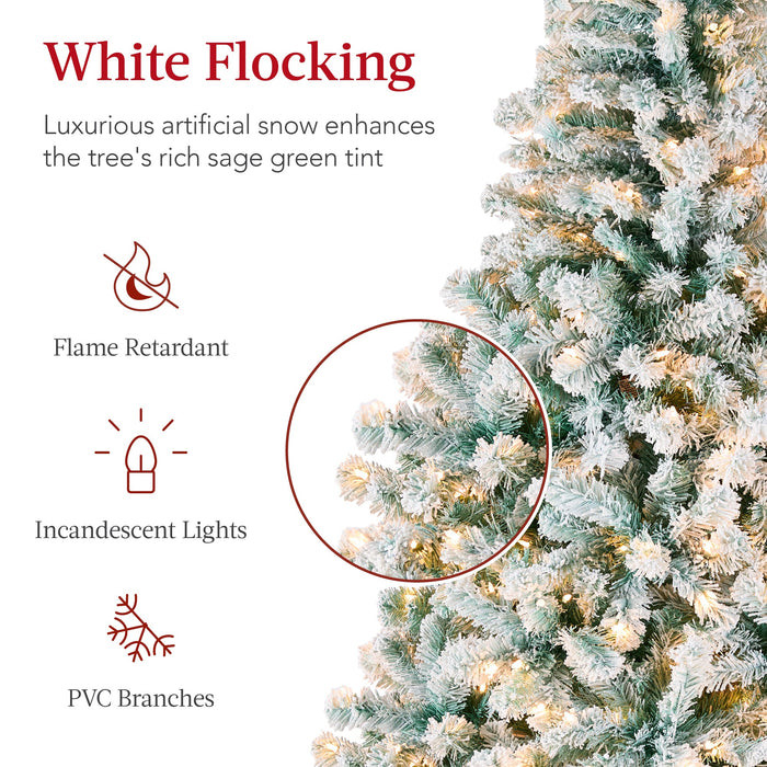 Pre-Lit Sage Green Flocked Artificial Pine Christmas Tree w/ White Lights