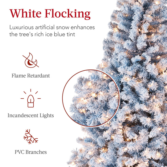 Pre-Lit Ice Blue Flocked Artificial Pine Christmas Tree w/ White Lights