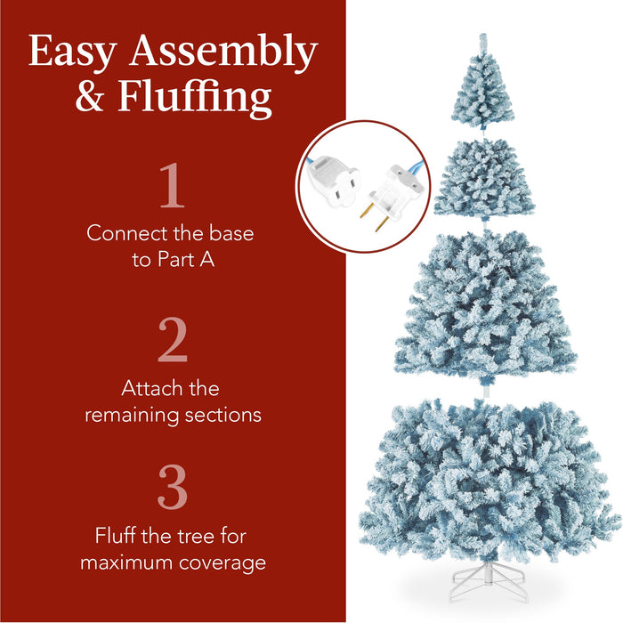 Pre-Lit Ice Blue Flocked Artificial Pine Christmas Tree w/ White Lights