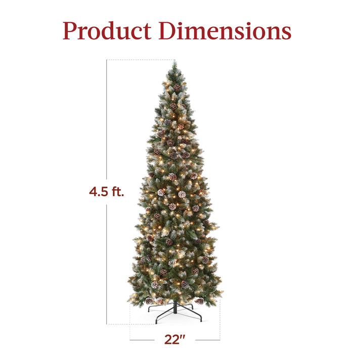 Pre-Lit Partially Flocked Pencil Christmas Tree w/ Pine Cones, Metal Stand