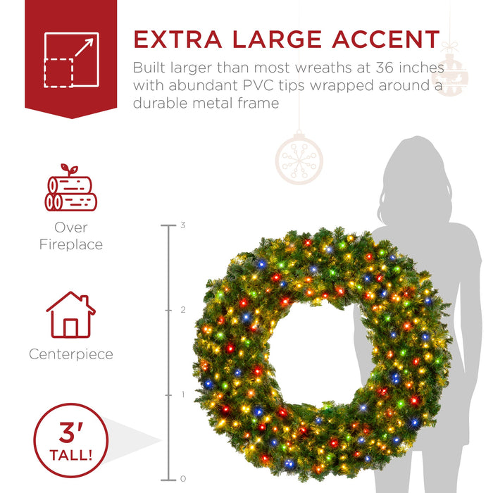 Pre-Lit Artificial Fir Christmas Wreath w/ Multicolor LED Lights, PVC Tips