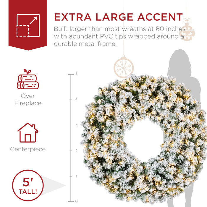 Pre-Lit Flocked Artificial Fir Christmas Wreath w/ 2-in-1 LED Lights