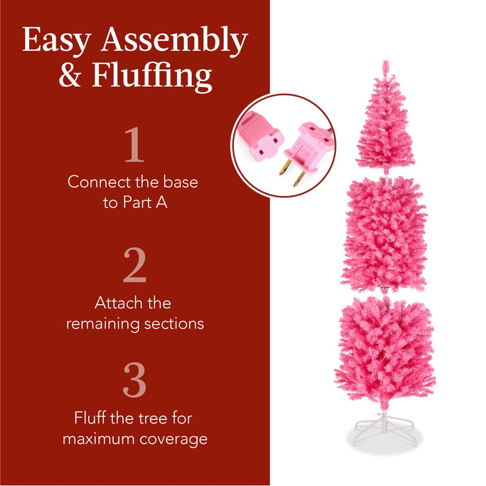 Pre-Lit Pink Artificial Pencil Holiday Tree w/ Warm White Lights, Stand