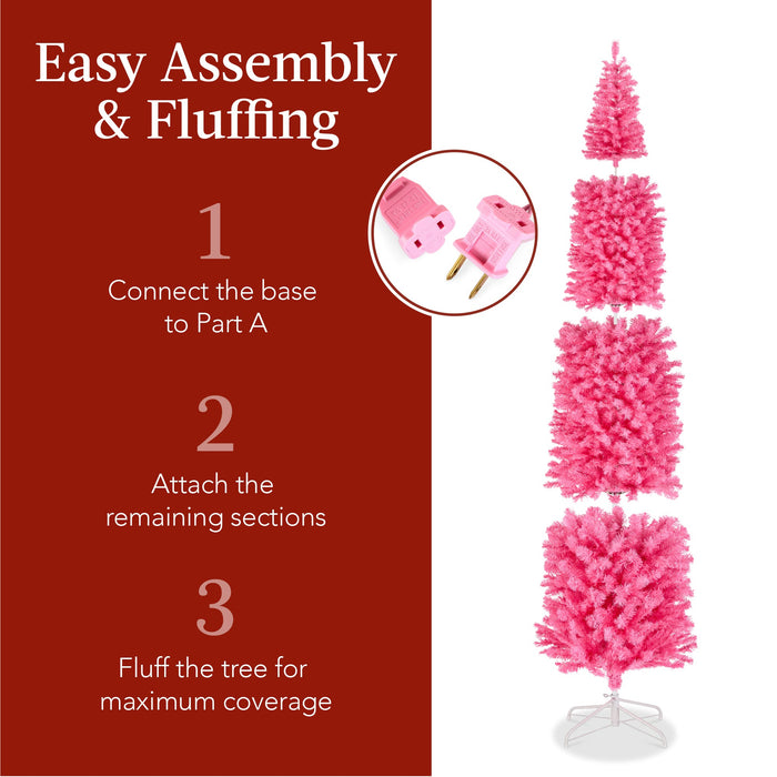 Pre-Lit Pink Artificial Pencil Holiday Tree w/ Warm White Lights, Stand