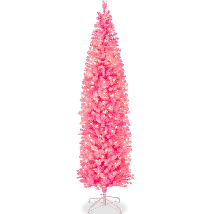 Pre-Lit Pink Artificial Pencil Holiday Tree w/ Warm White Lights, Stand