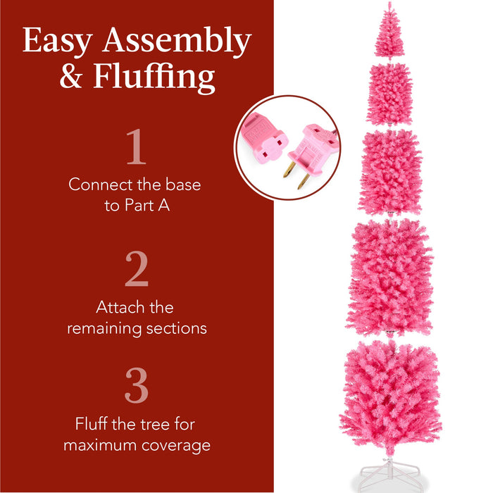 Pre-Lit Pink Artificial Pencil Holiday Tree w/ Warm White Lights, Stand