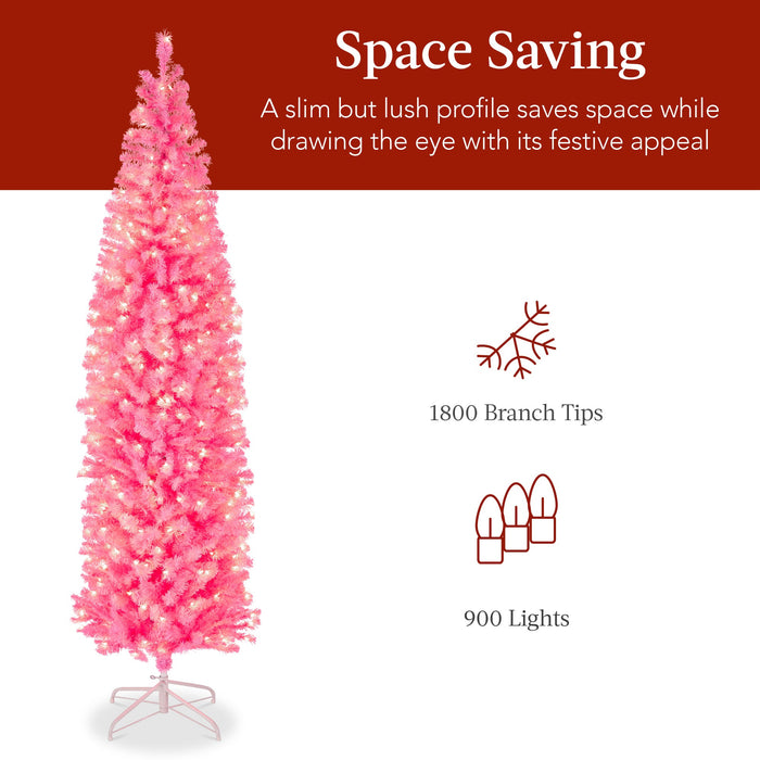 Pre-Lit Pink Artificial Pencil Holiday Tree w/ Warm White Lights, Stand