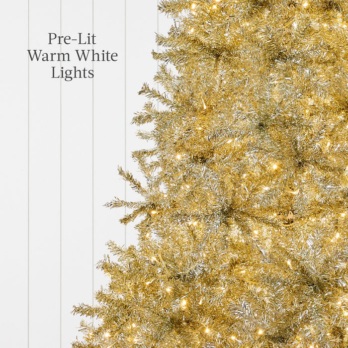 Prelit Gold Artificial Tinsel Christmas Tree w/ Foldable Stand