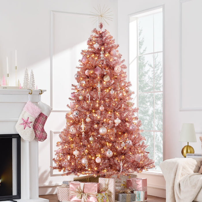 Prelit Pink Artificial Tinsel Christmas Tree w/ Foldable Stand