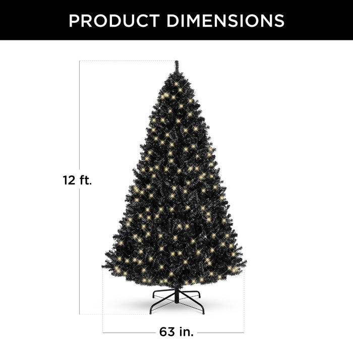 Sapin de Noël artificiel noir pré-éclairé avec lumières incandescentes, support en métal