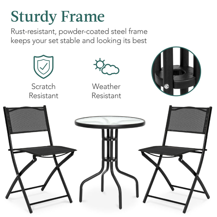 3-Piece Bistro Set w/ Glass Table, 2 Foldable Chairs