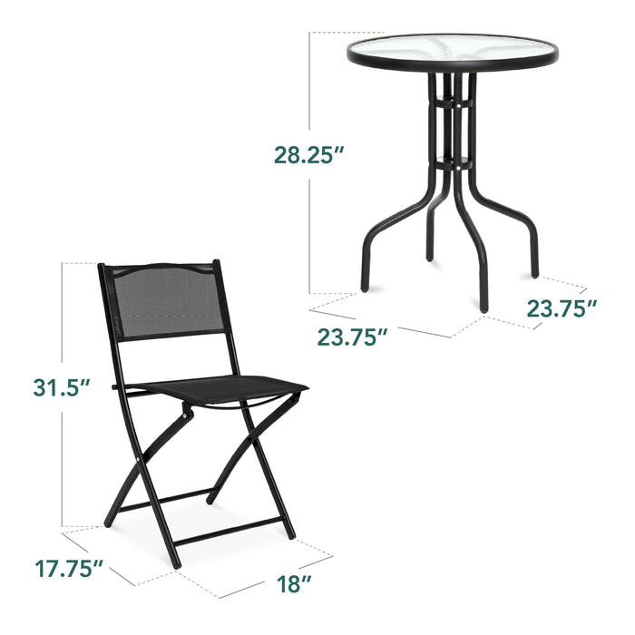 3-Piece Bistro Set w/ Glass Table, 2 Foldable Chairs