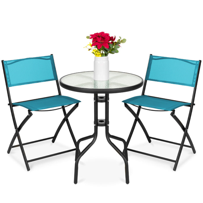 3-Piece Bistro Set w/ Glass Table, 2 Foldable Chairs