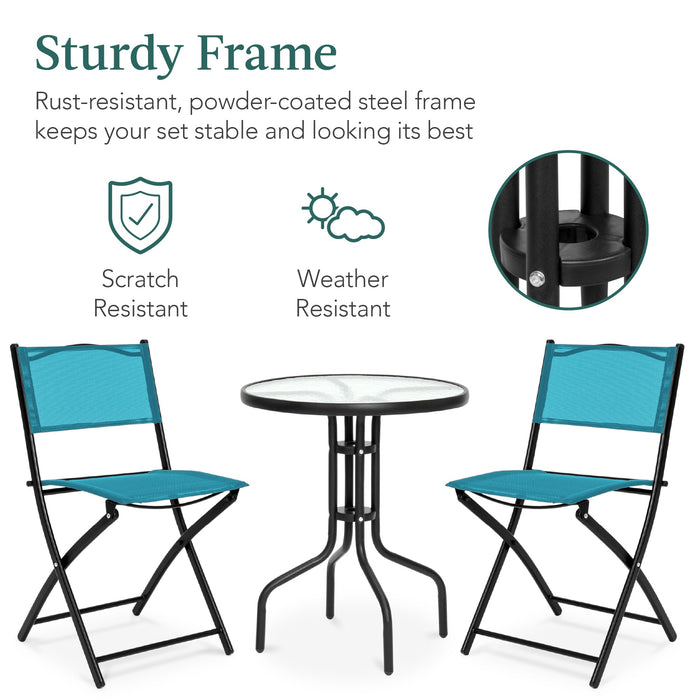 3-Piece Bistro Set w/ Glass Table, 2 Foldable Chairs