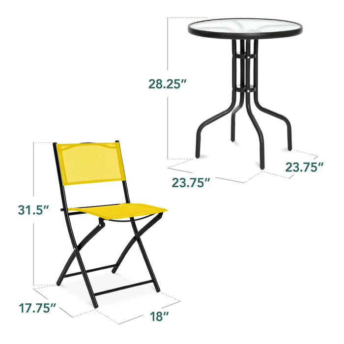 3-Piece Bistro Set w/ Glass Table, 2 Foldable Chairs