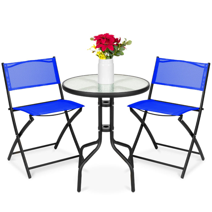 3-Piece Bistro Set w/ Glass Table, 2 Foldable Chairs