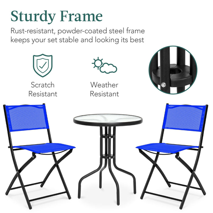 3-Piece Bistro Set w/ Glass Table, 2 Foldable Chairs