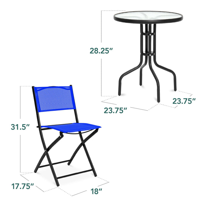 3-Piece Bistro Set w/ Glass Table, 2 Foldable Chairs