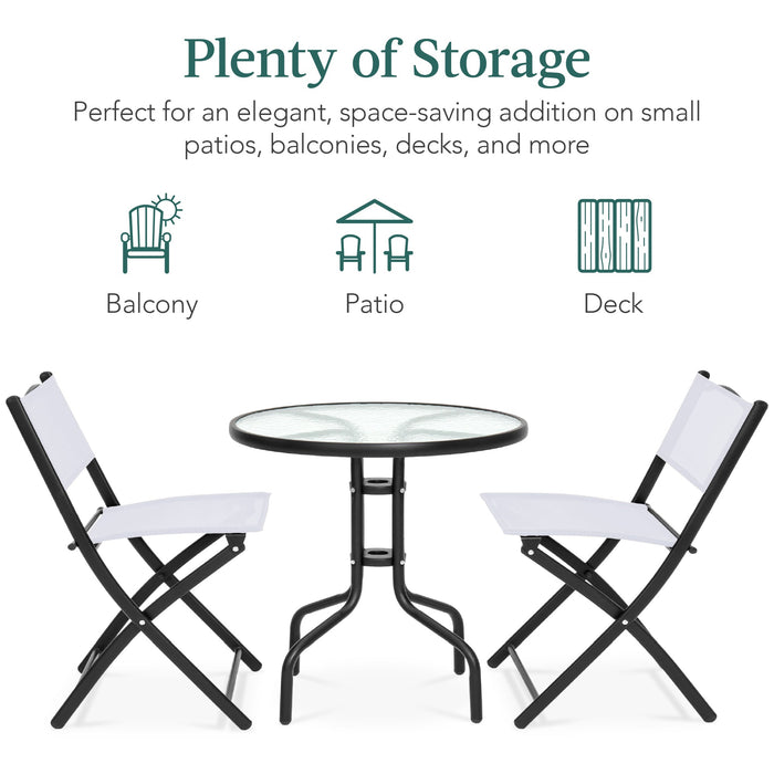 3-Piece Bistro Set w/ Glass Table, 2 Foldable Chairs