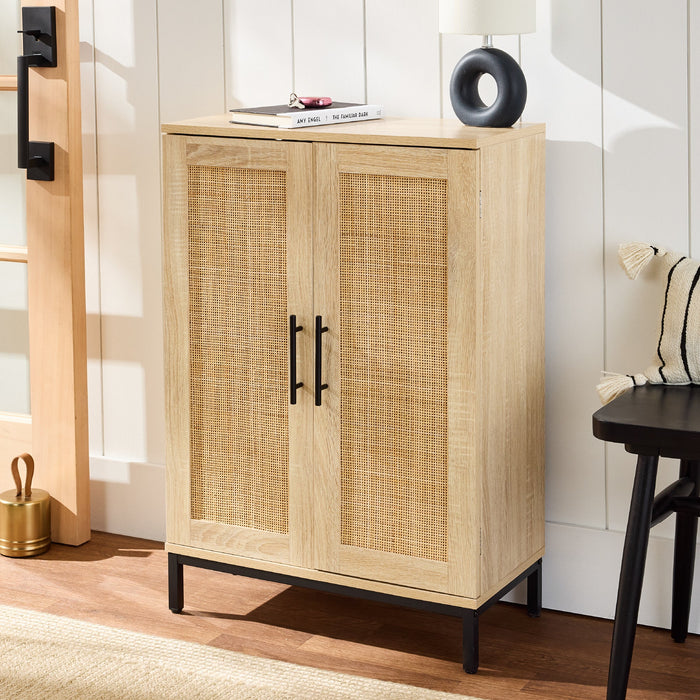 2-Door Natural Rattan Storage Cabinet w/ Adjustable Shelves - 34 x 24in