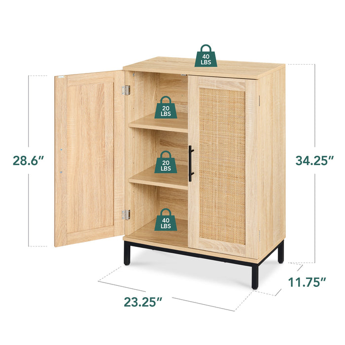 2-Door Natural Rattan Storage Cabinet w/ Adjustable Shelves - 34 x 24in