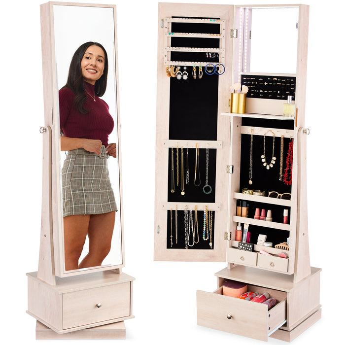 360 Swivel Mirrored Jewelry Cabinet Armoire w/ LED Lights, Mirror