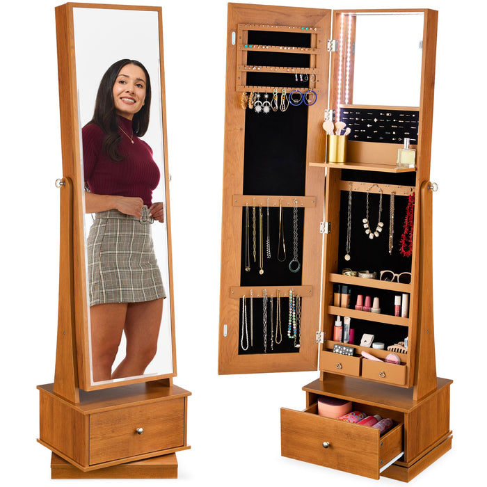 360 Swivel Mirrored Jewelry Cabinet Armoire w/ LED Lights, Mirror