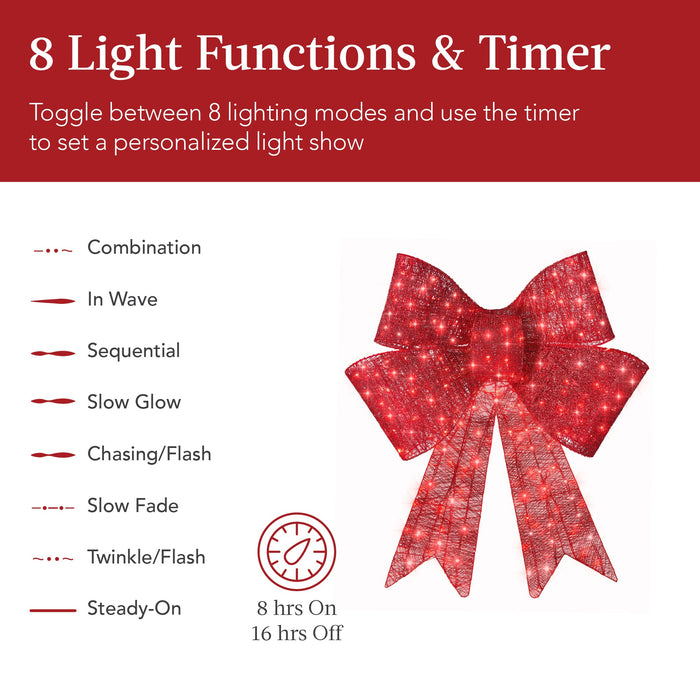 Pre-Lit Large Christmas Bow Decoration, Holiday Decor w/ 8 Functions