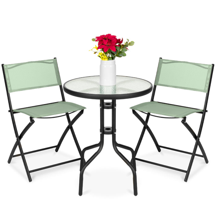 3-Piece Bistro Set w/ Glass Table, 2 Foldable Chairs