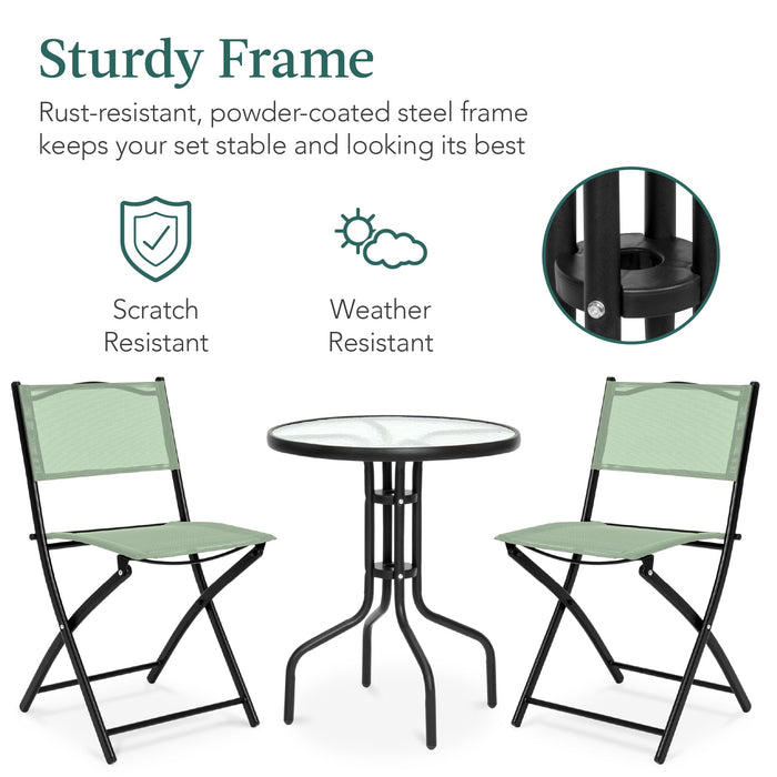 3-Piece Bistro Set w/ Glass Table, 2 Foldable Chairs