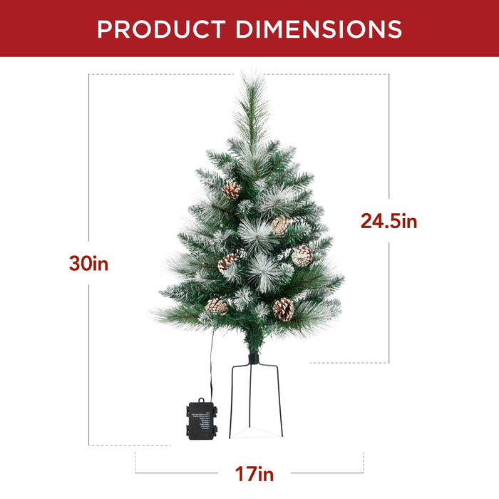 Set of 2 Pre-Lit Pathway Christmas Trees w/ Pine Cones, Timer - 24.5in