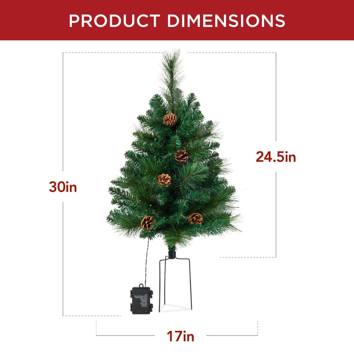 Set of 2 Pre-Lit Pathway Christmas Trees w/ Pine Cones, Timer - 24.5in