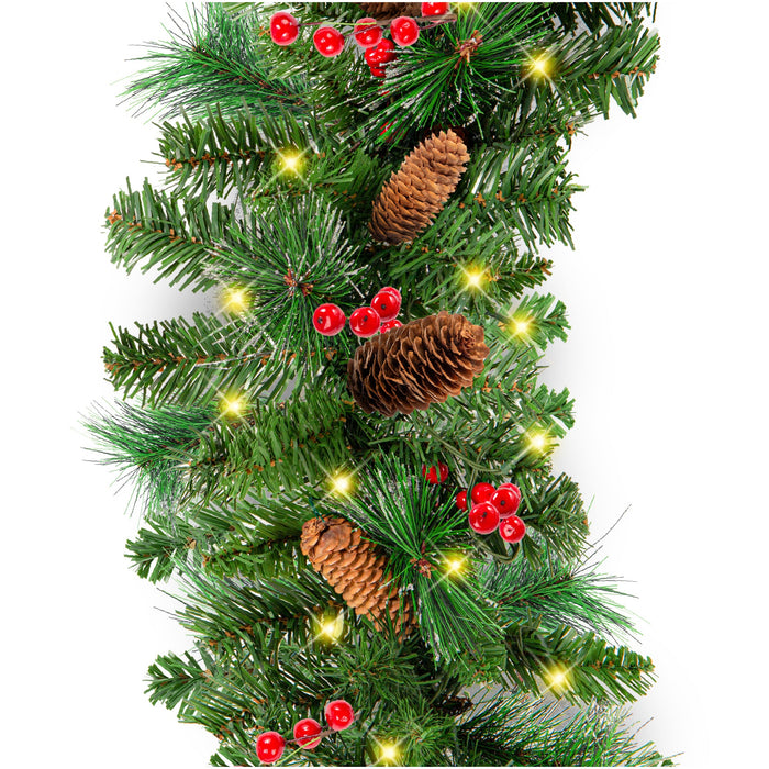 Pre-Lit Pre-Decorated Garland w/ PVC Branch Tips, 50 LED Lights - 9ft