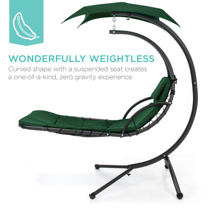 Hanging Curved Chaise Lounge Chair w/ Built-In Pillow, Removable Canopy