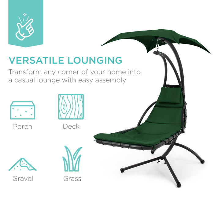 Hanging Curved Chaise Lounge Chair w/ Built-In Pillow, Removable Canopy