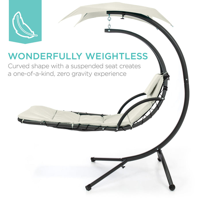 Hanging Curved Chaise Lounge Chair w/ Built-In Pillow, Removable Canopy