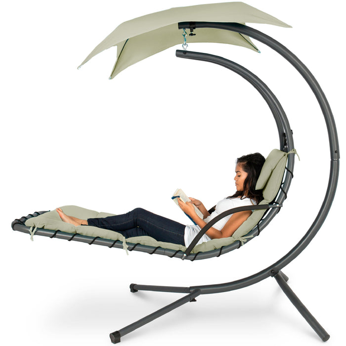 Hanging Curved Chaise Lounge Chair w/ Built-In Pillow, Removable Canopy