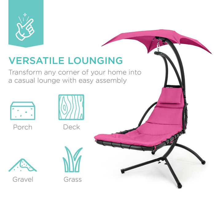 Hanging Curved Chaise Lounge Chair w/ Built-In Pillow, Removable Canopy