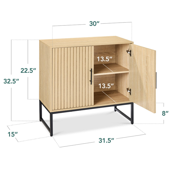 2-Door Slatted Storage Cabinet Accent Furniture w/ Foot Pads