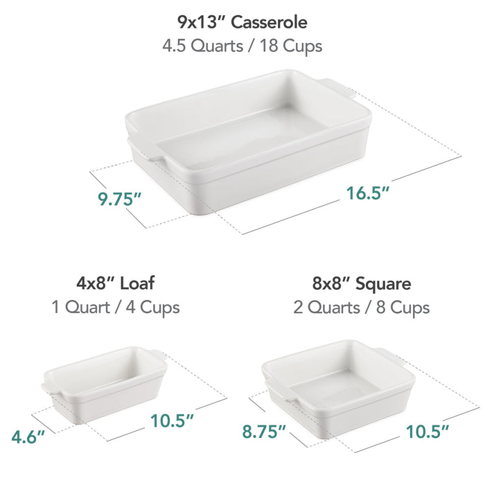 3PC Ceramic Bakeware Set Casserole, Loaf, Square Dishes w/ Handles