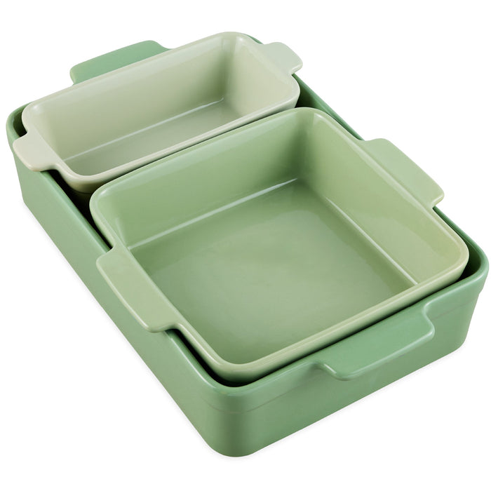 3PC Ceramic Bakeware Set Casserole, Loaf, Square Dishes w/ Handles