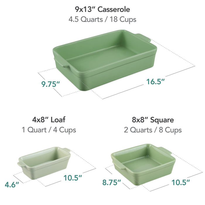 3PC Ceramic Bakeware Set Casserole, Loaf, Square Dishes w/ Handles