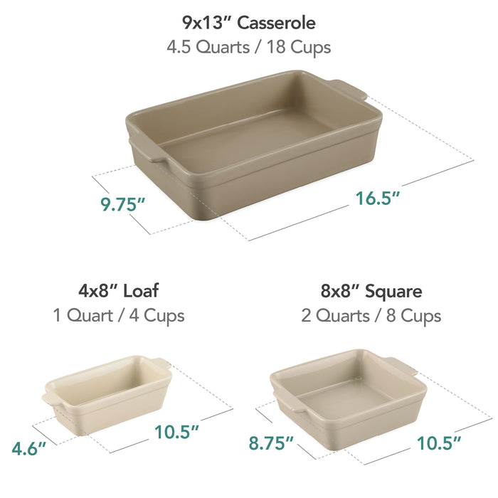 3PC Ceramic Bakeware Set Casserole, Loaf, Square Dishes w/ Handles