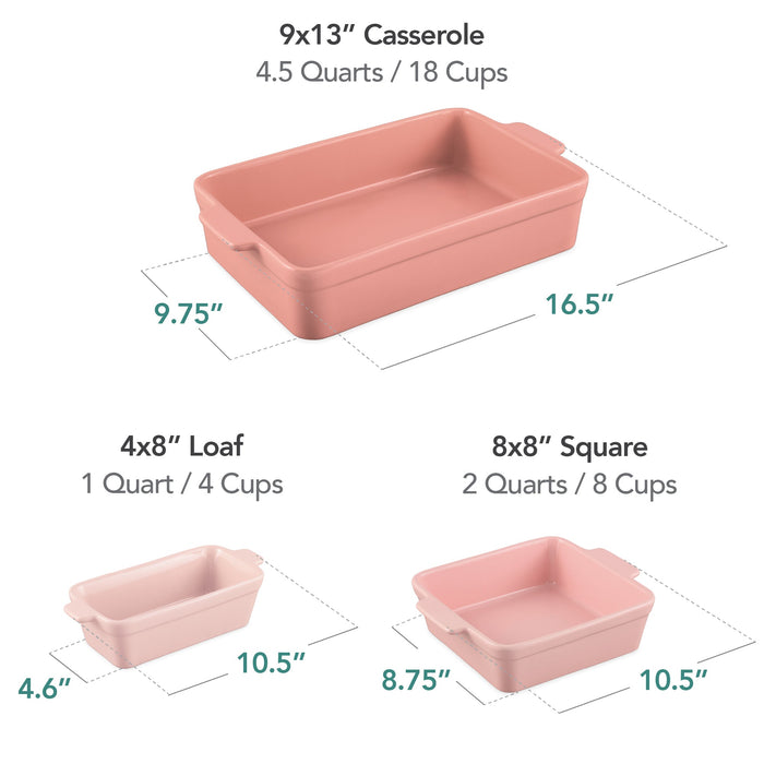 3PC Ceramic Bakeware Set Casserole, Loaf, Square Dishes w/ Handles