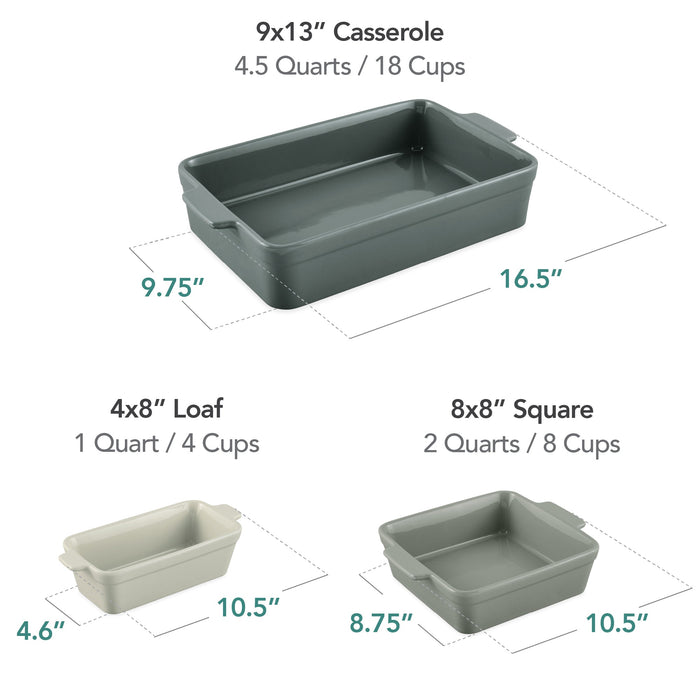 3PC Ceramic Bakeware Set Casserole, Loaf, Square Dishes w/ Handles