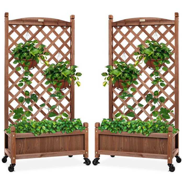 Set of 2 Wood Planter Box & Lattice Trellis w/ Optional Wheels - 48in